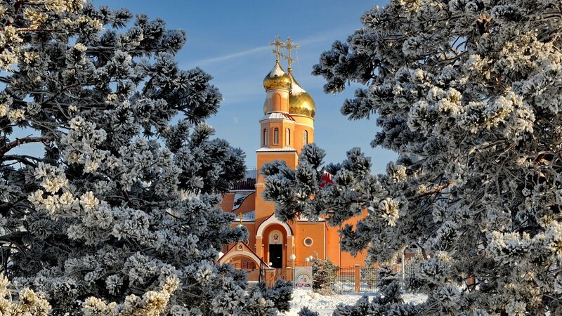 Church with Golden Domes — Orange, Serene, Winter