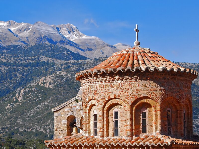 Church with mountain backdrop