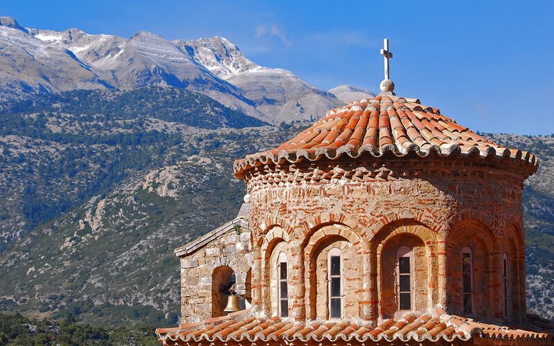 Church with mountain backdrop