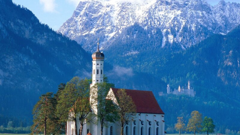 Church with mountain backdrop