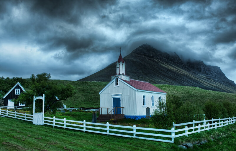 Church with mountain backdrop