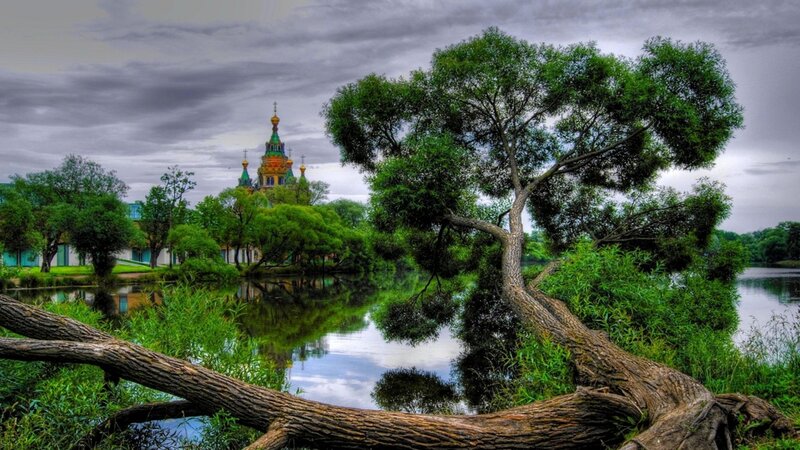 Church with Onion Domes — Green, Dramatic