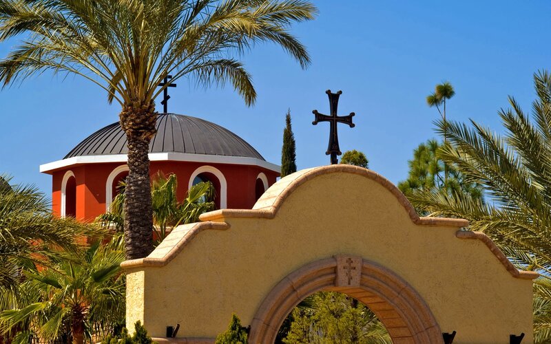 Church with palm trees