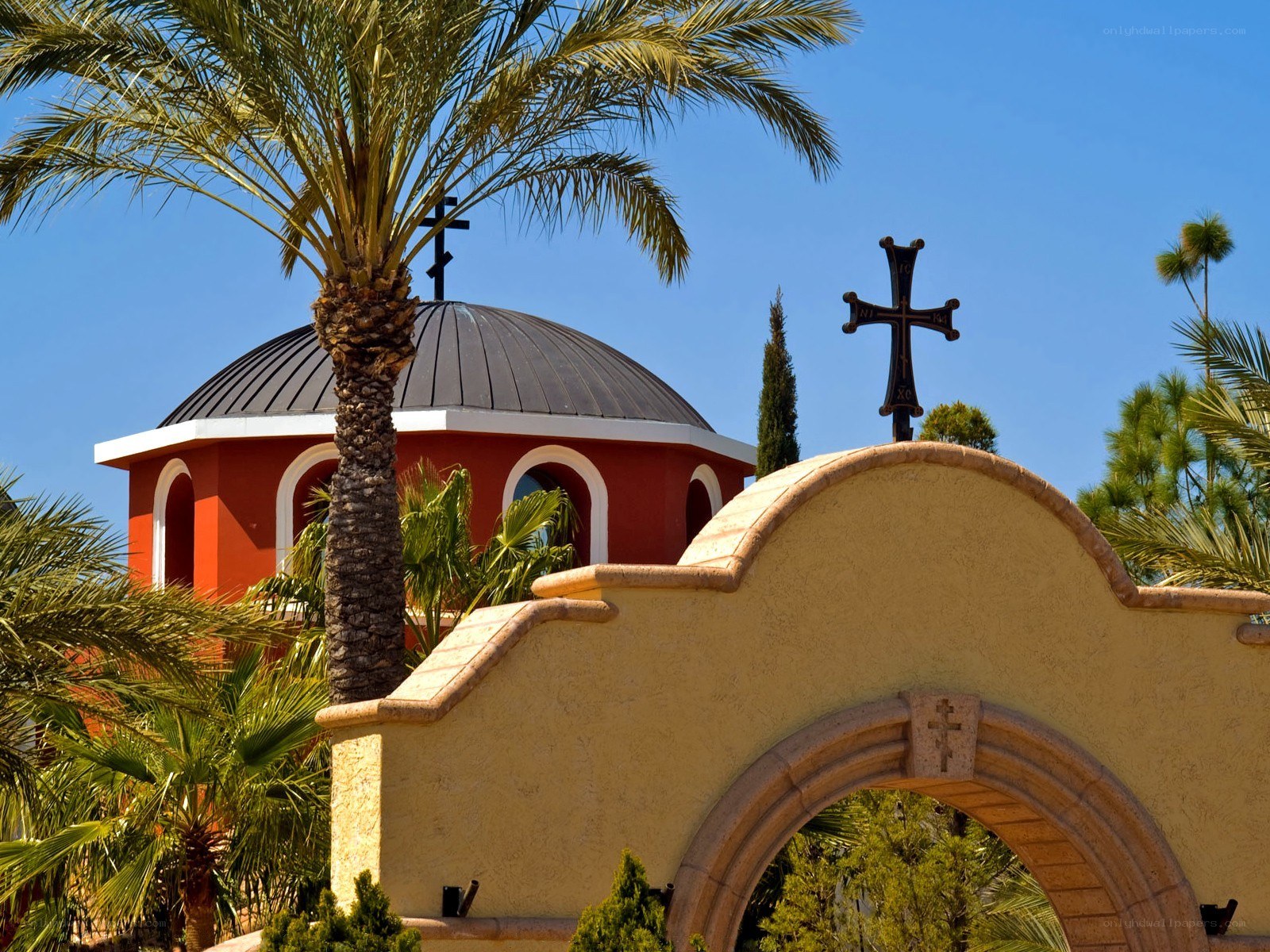 Church with palm trees