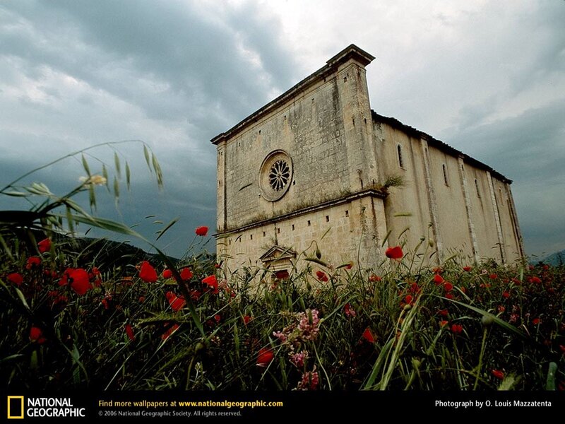 Church with poppies in field