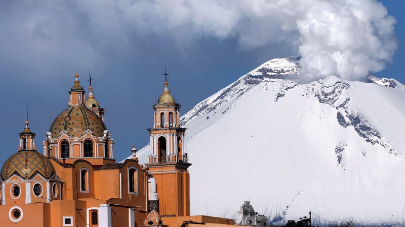 Church with snowy volcano