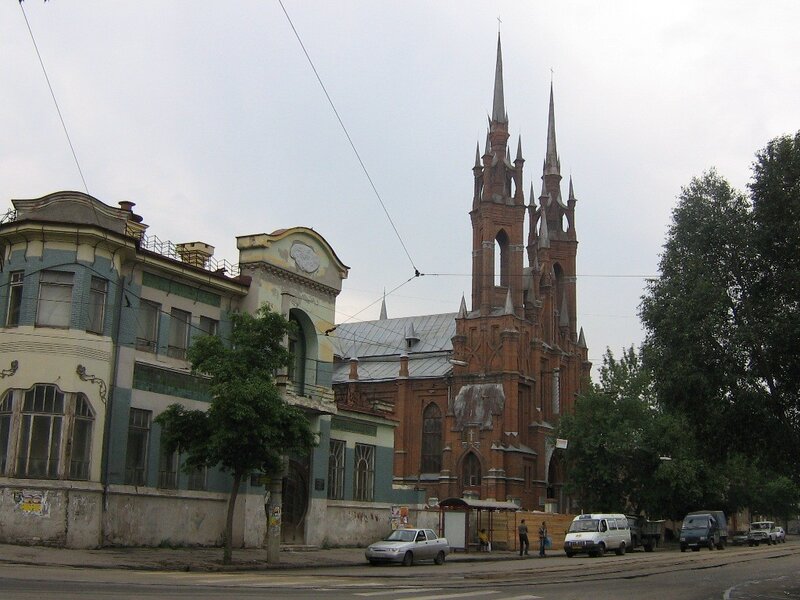 Church with spires in a city