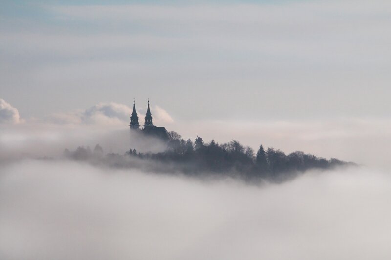 Church with Twin Spires — Gray, Misty