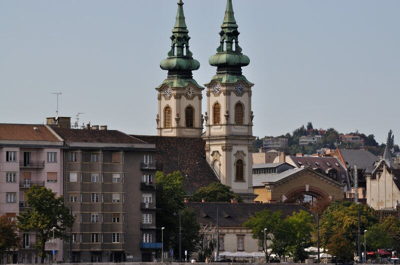Church with twin towers in city