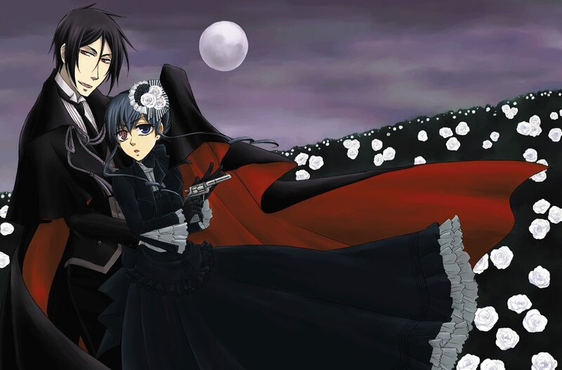 Ciel and Sebastian in a moonlit field