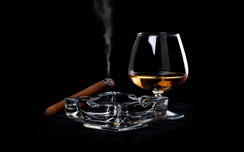 Cigar and Brandy Glass — Black, Dramatic, Night, Photograph, Ashtray