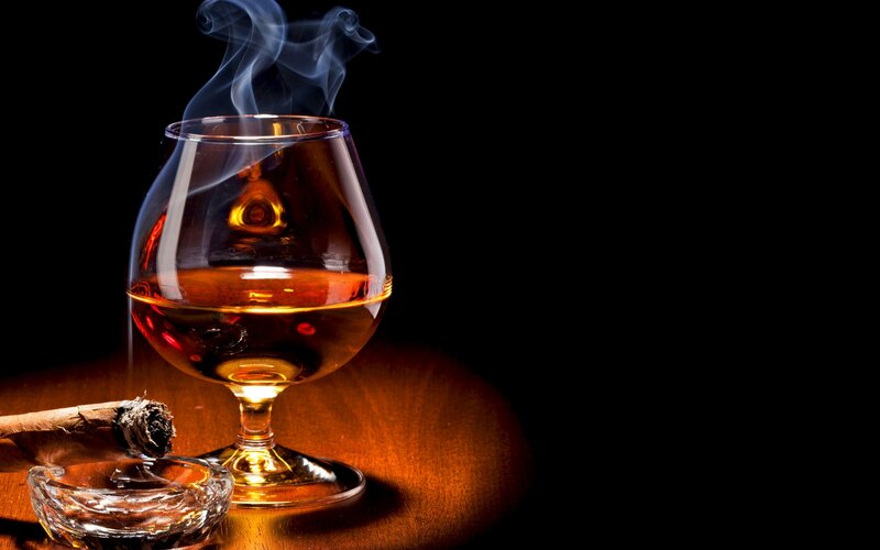 Cigar and Brandy Glass — Brown, Dramatic, Night, Photograph