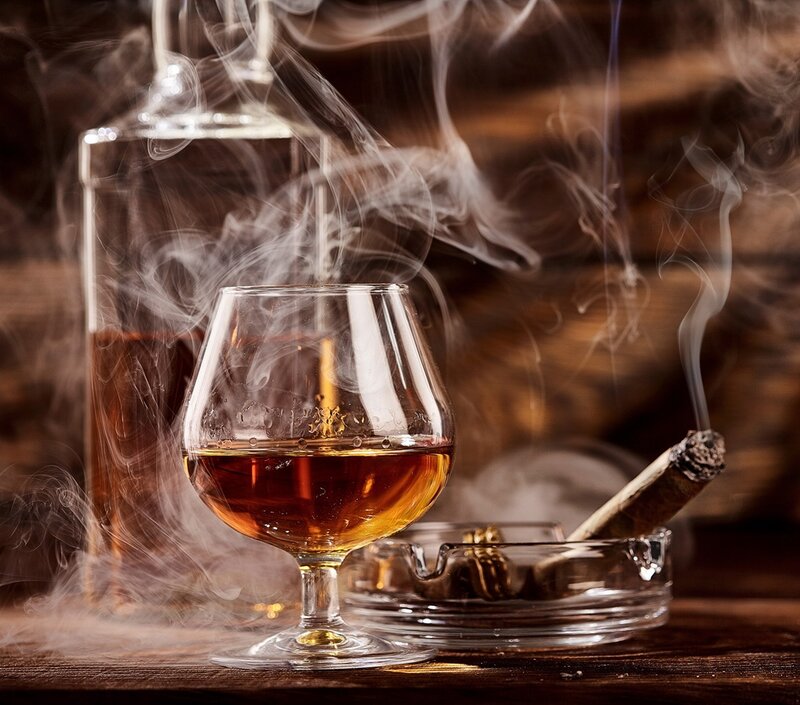 Cigar and Brandy Glass — Brown, Dramatic, Photograph