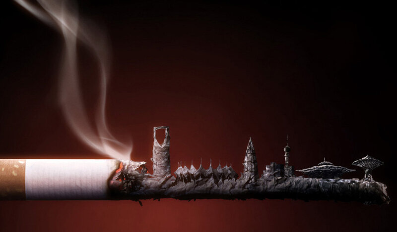 cigarette with city skyline