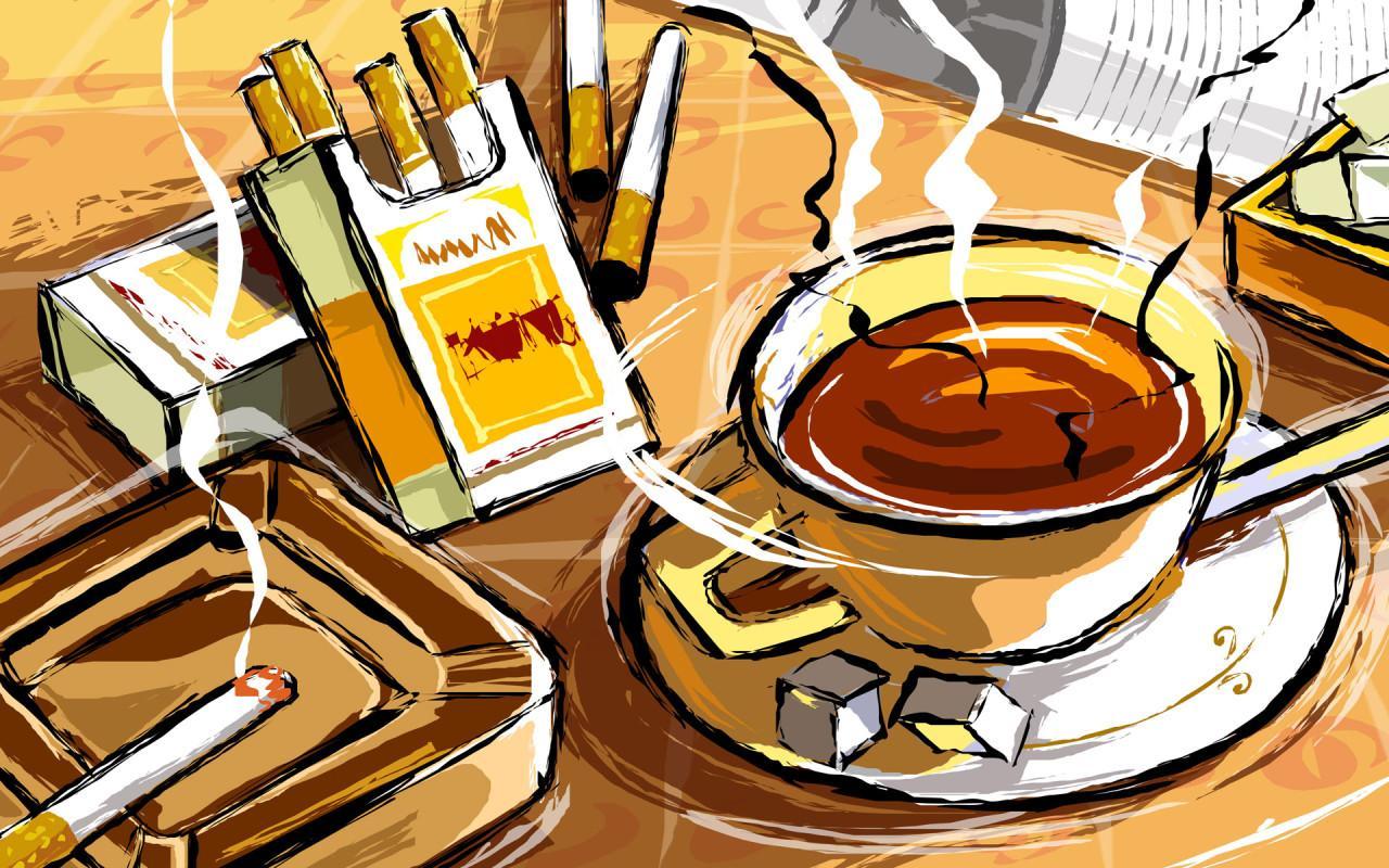Cigarettes and coffee on table