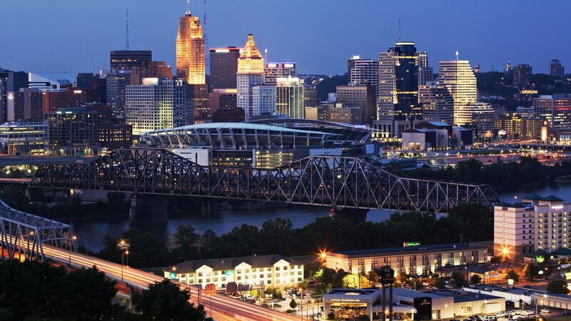 Cincinnati Skyline at Night — Blue, Calm, Photograph, Bridge