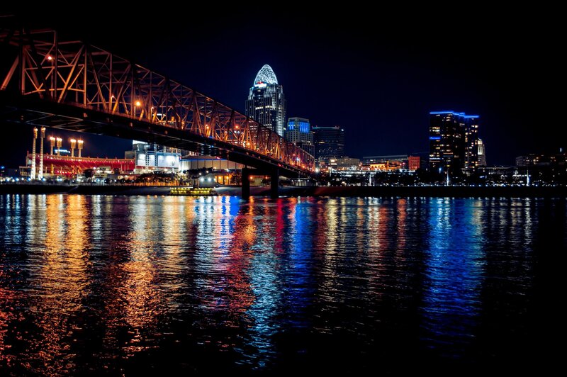 Cincinnati Skyline at Night — Blue, Dramatic, Photograph, Bridge