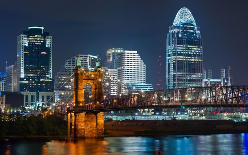 Cincinnati Skyline at Night — Blue, Dramatic, Photograph