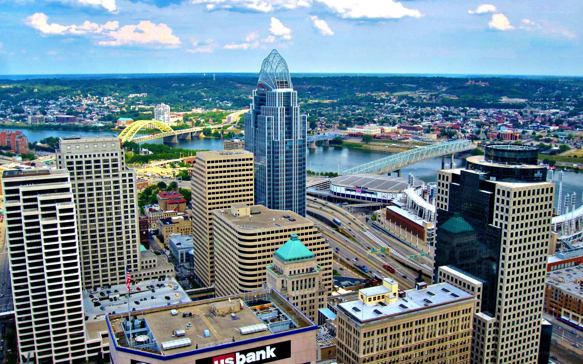 Cincinnati skyline with river and bridges