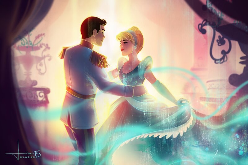 Cinderella and Prince Dancing — Blue, Romantic, Night, Digital Art