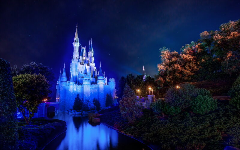 Cinderella Castle at Night — Blue, Magical, Photograph, Moat