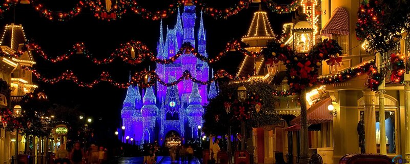 Cinderella Castle at Night — Purple, Festive, Photograph, Christmas Lights
