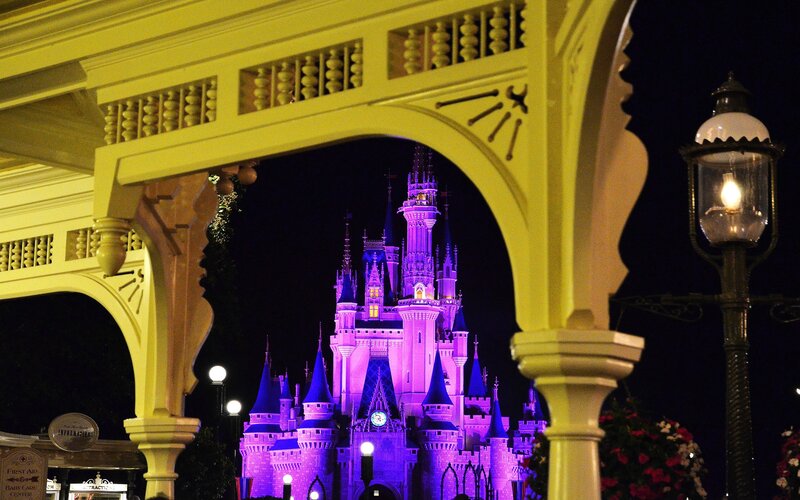 Cinderella Castle at Night — Purple, Magical, Photograph, Archway