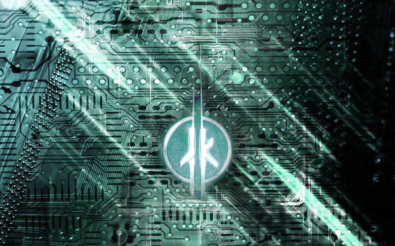 circuit board with glowing symbol