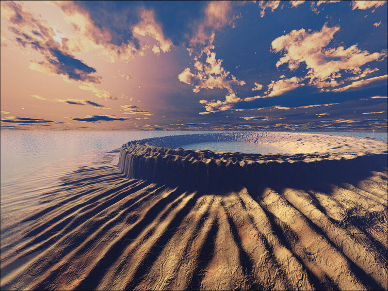 Circular Island in Ocean — Blue, Serene, Sunset