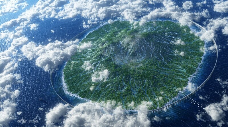 Circular Island in Ocean — Blue, Serene