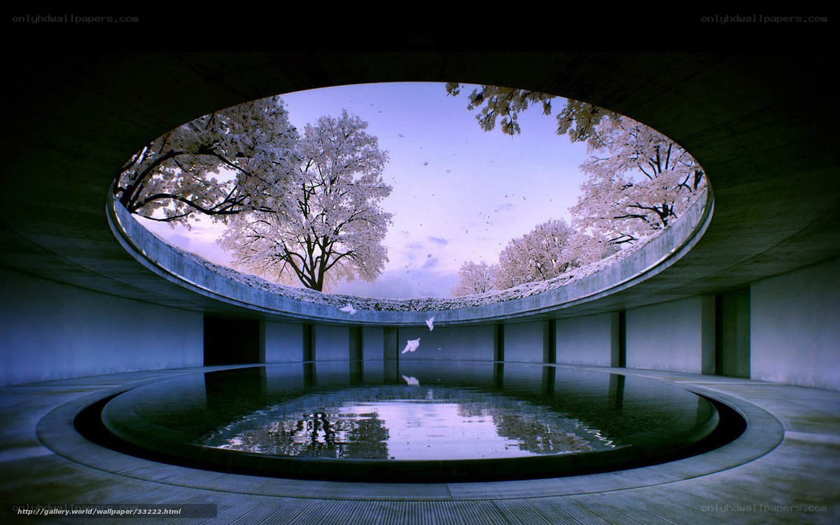 Circular Pool with Cherry Blossoms