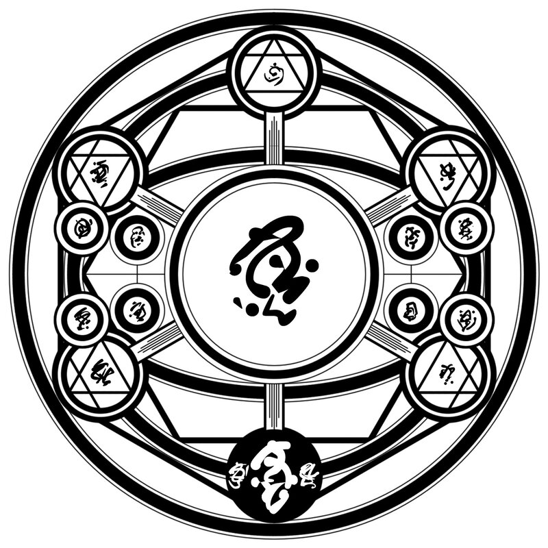 circular symbol with central character