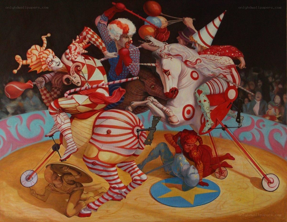 Circus chaos with clowns and animals