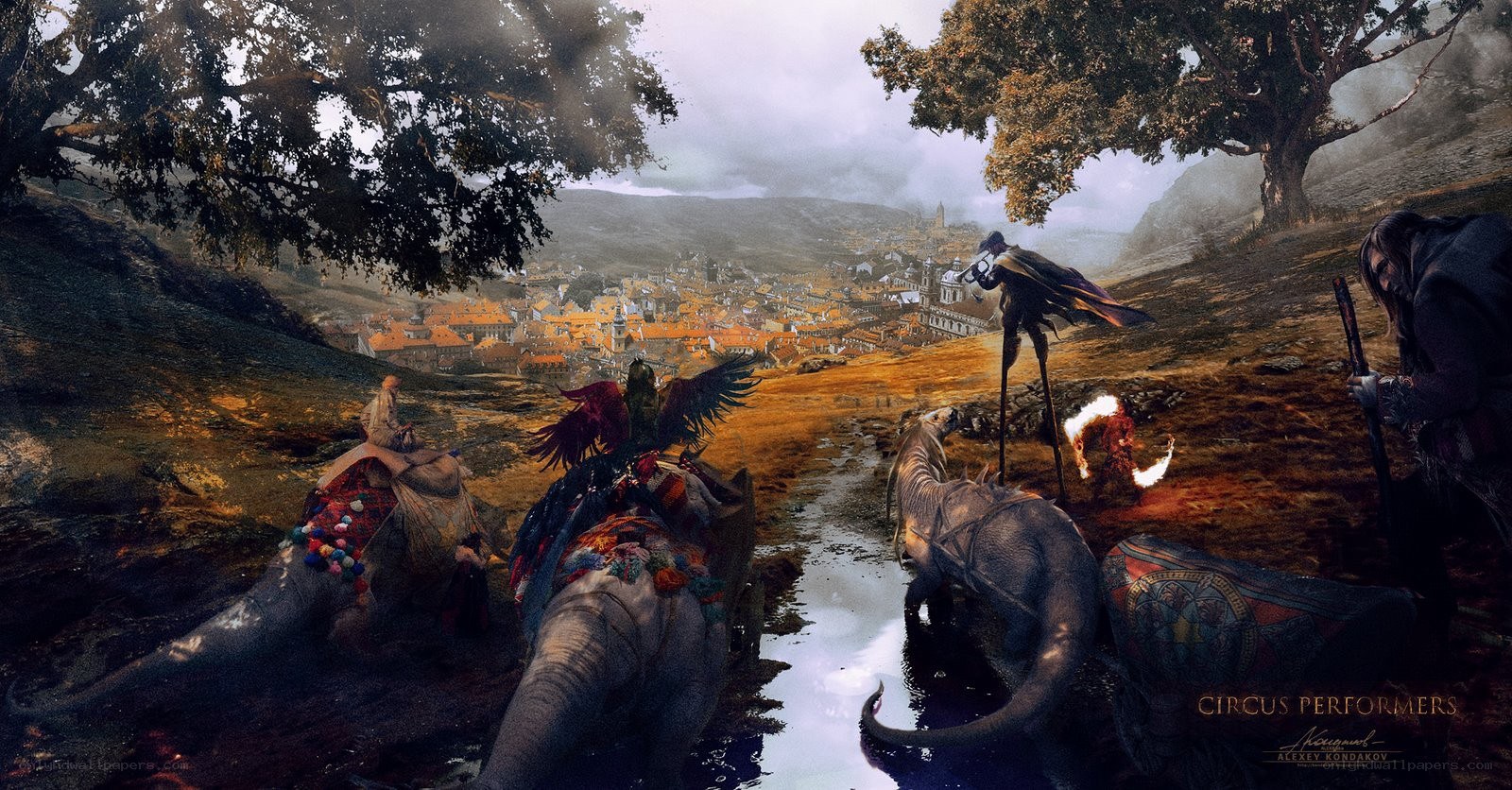 Circus performers on a hill