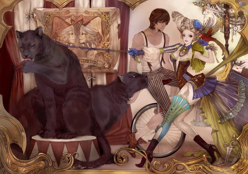Circus performers with panthers