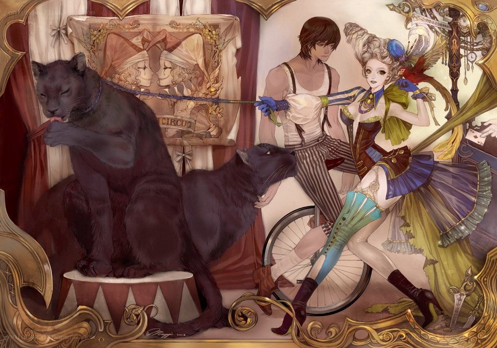 Circus performers with panthers