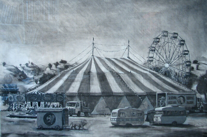 Circus scene with tent and rides