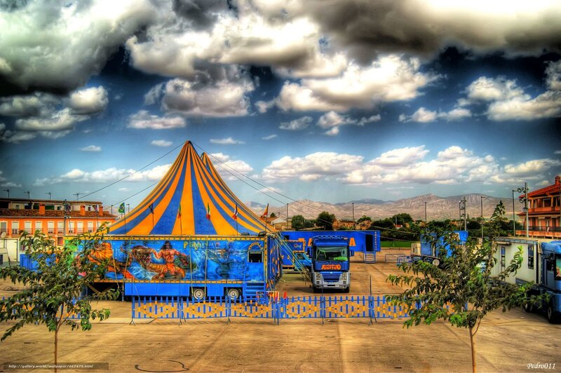 Circus tent under dramatic sky