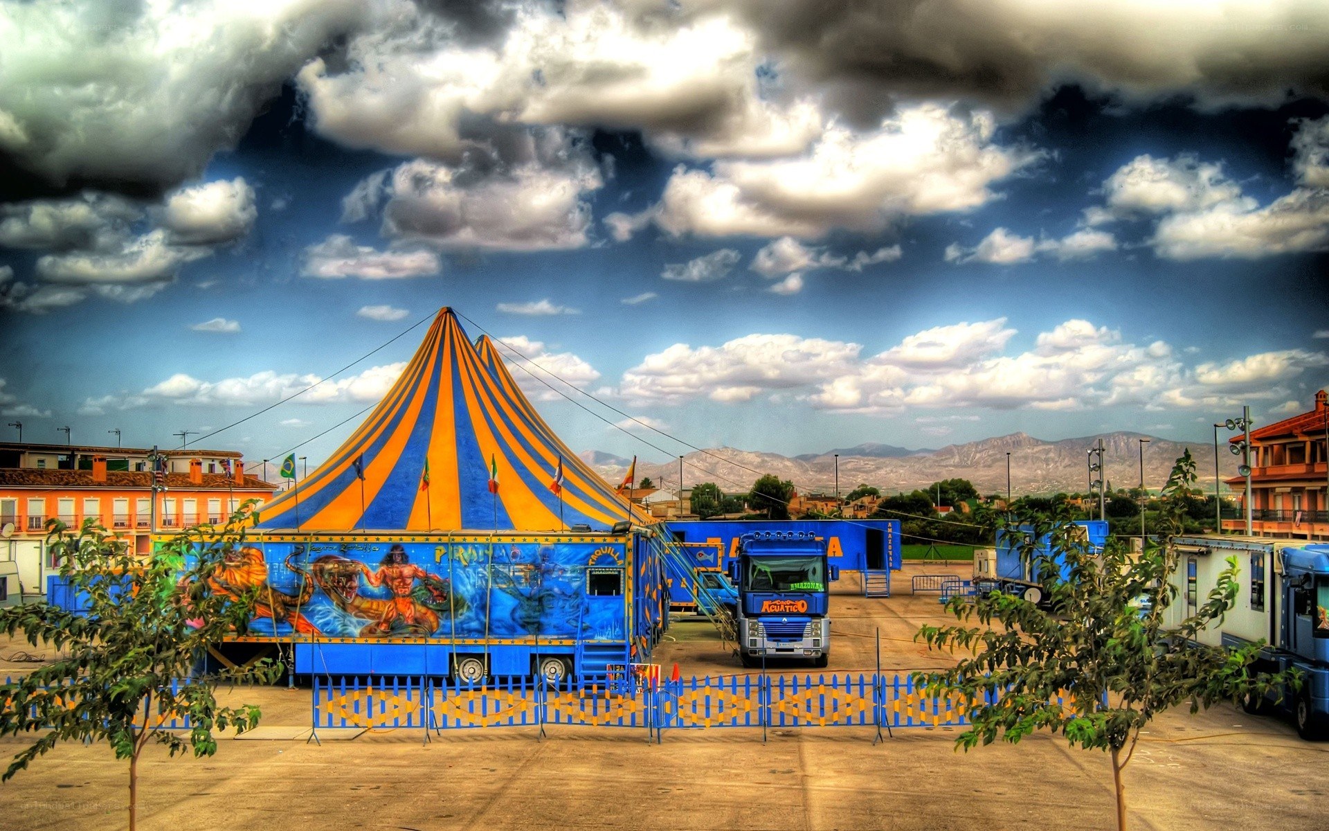 Circus tent with painted scenes
