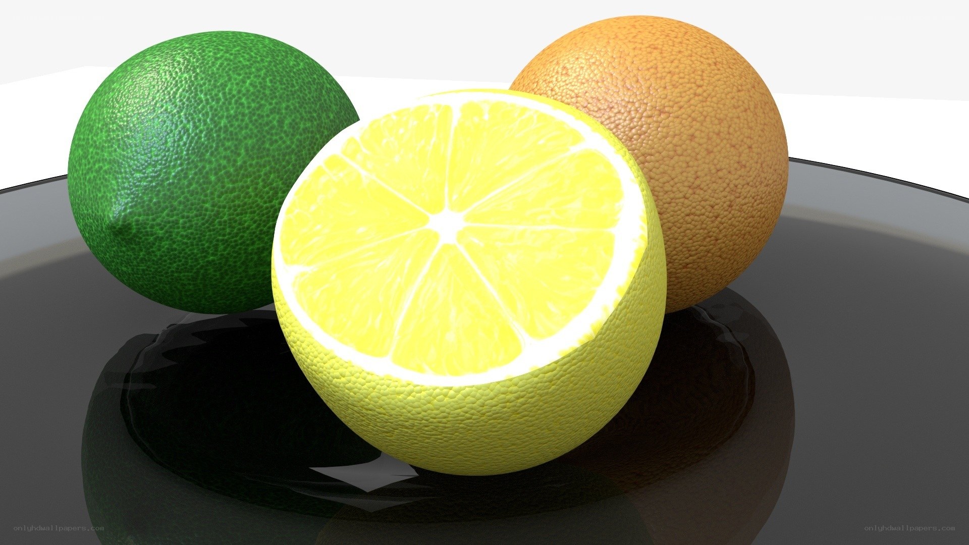 Citrus fruits on reflective surface
