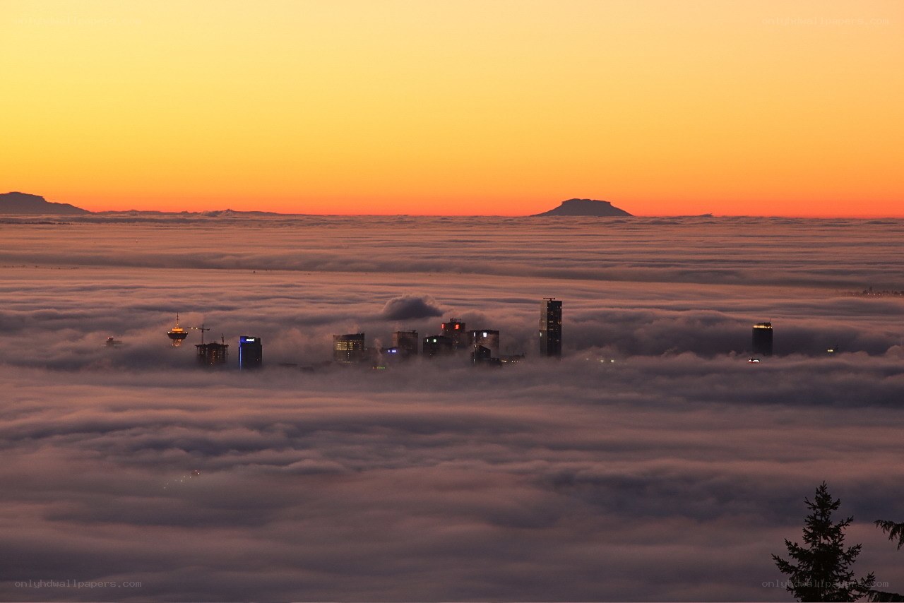 City above the clouds at sunset