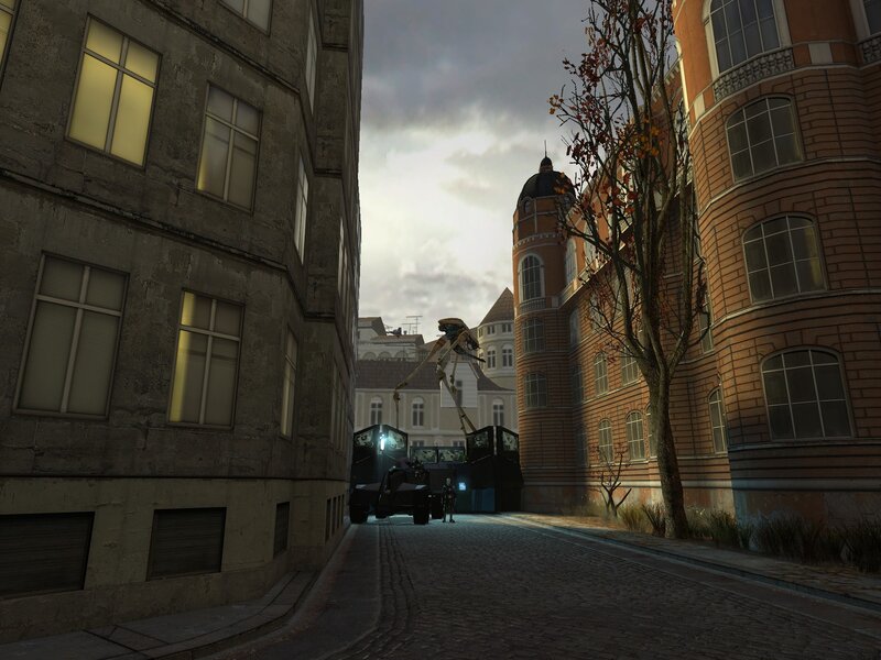 City alley with military vehicles