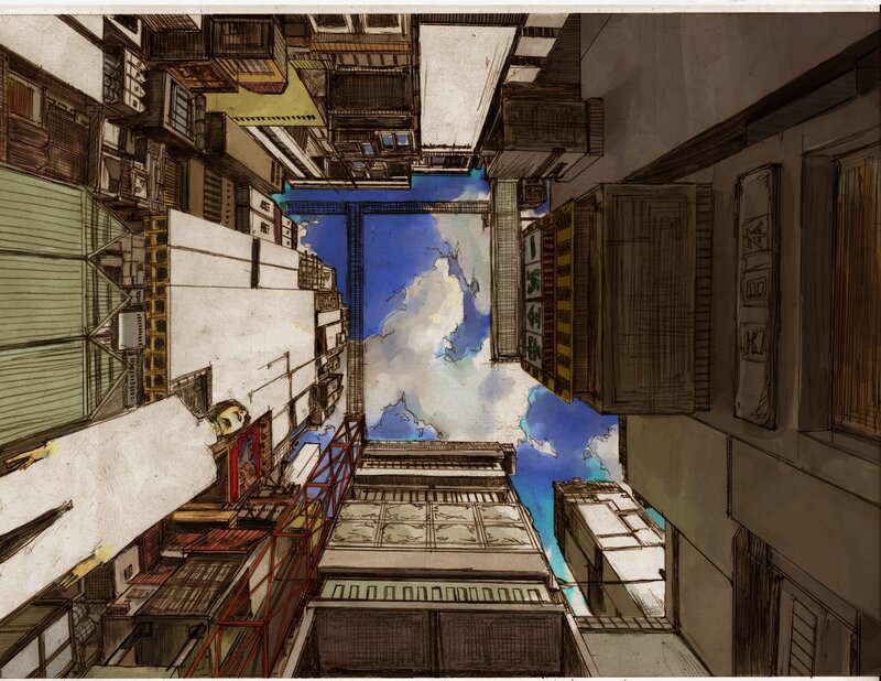 city alleyway from below