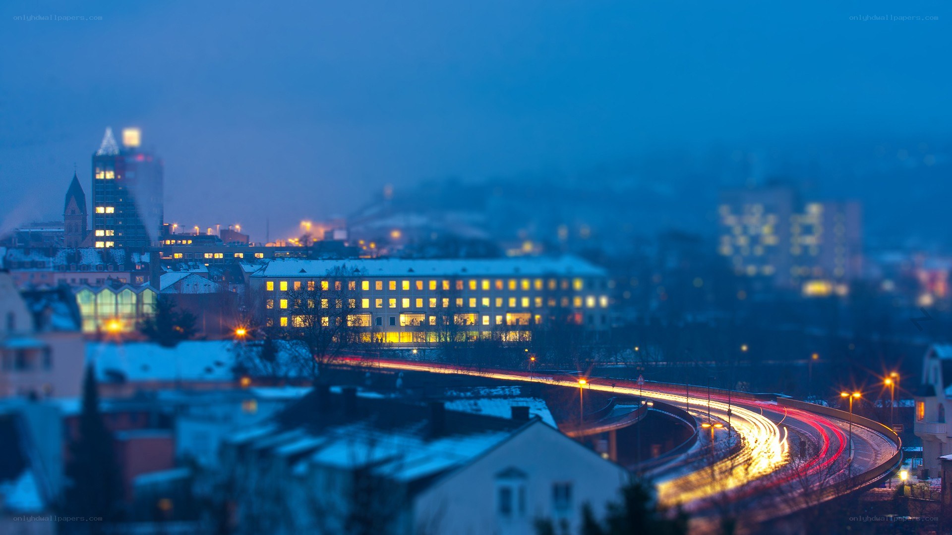 city at dusk with light trails
