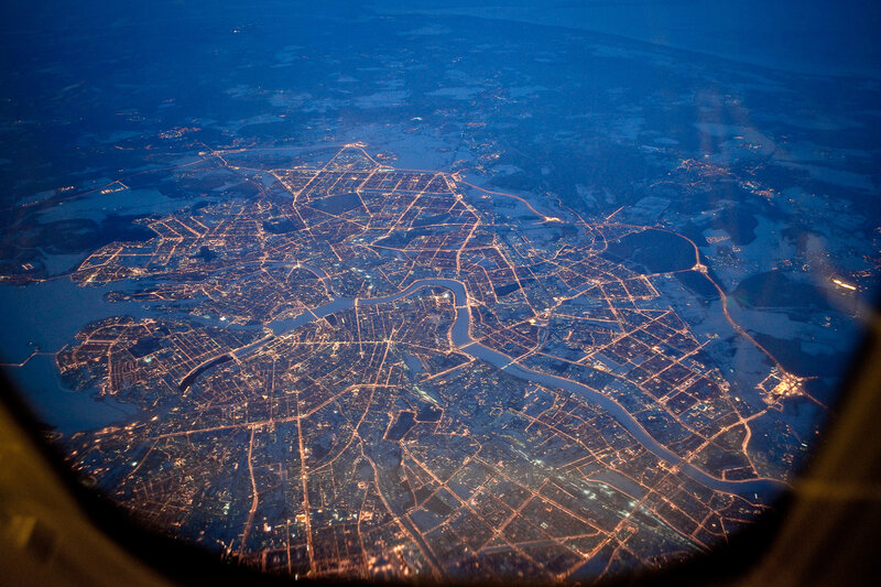 City at Night from Airplane — Blue