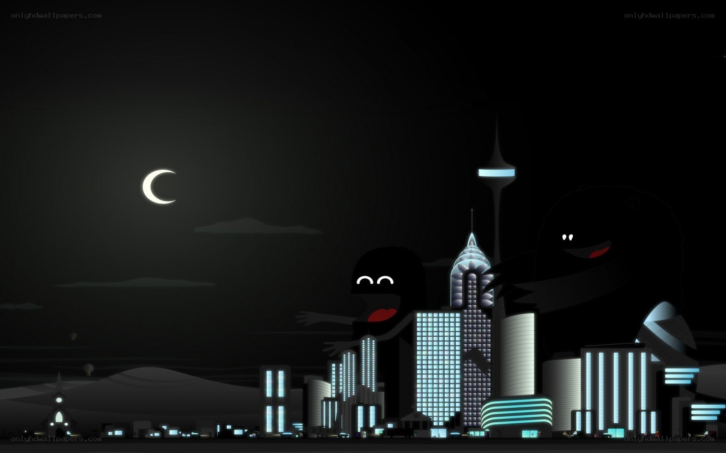 city at night with monsters