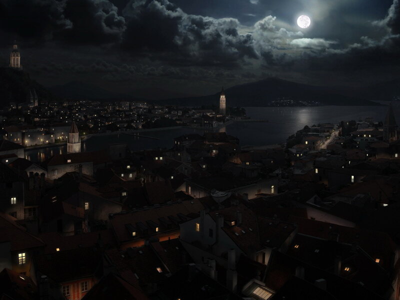 City at Night with Moon — Black