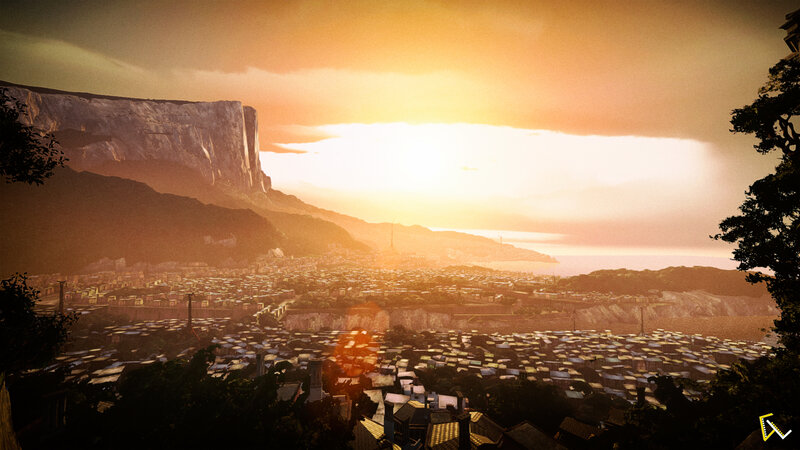 City at Sunset — Orange, Dramatic, Digital Art