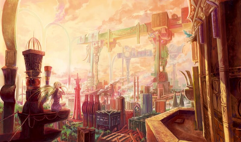 city at sunset with girl