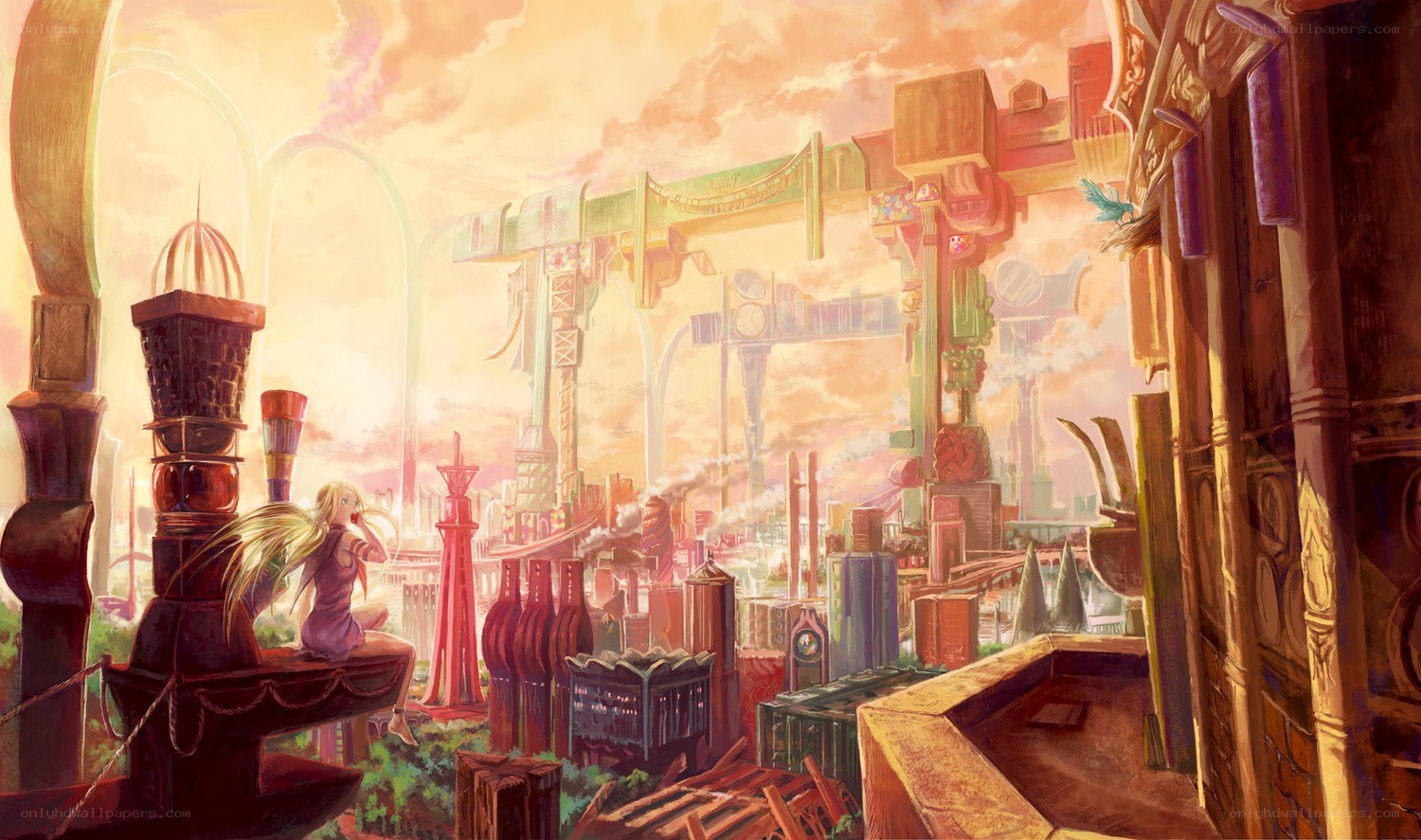 city at sunset with girl